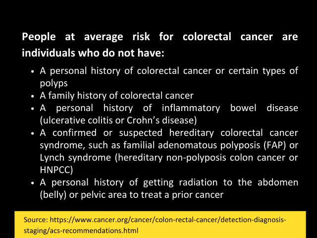 Average risk for colorectal cancer